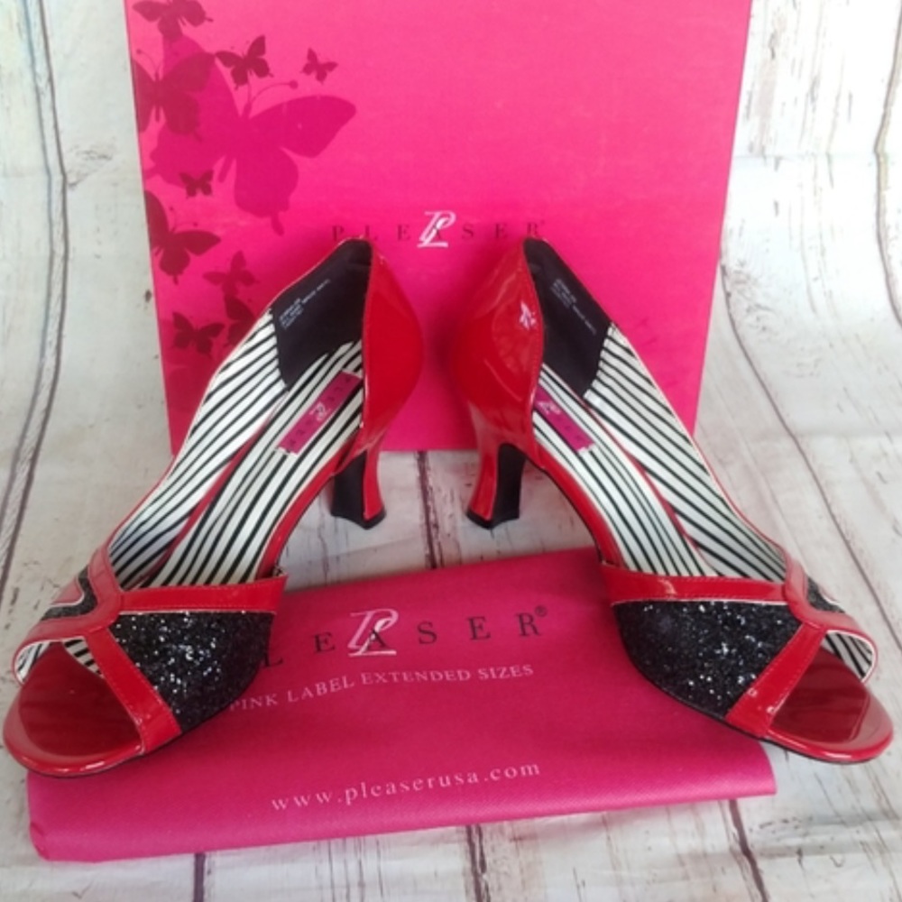 PLEASER | Red & Black Patent Leather Jenna Heels Size 14M. New in the box!